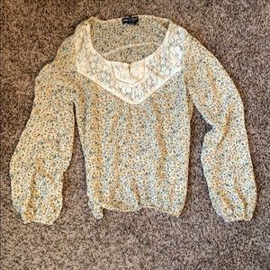 blue yellow and cream floral top with lace accent
